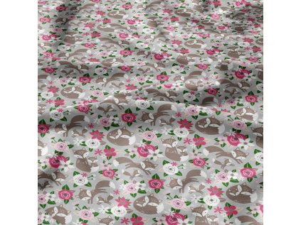 Bavlněná látka Kytičky Růžové a lišky na Šedém