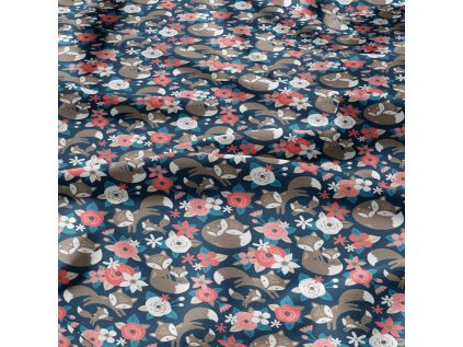Bavlněná látka Kytičky Růžové a lišky na Granátovém