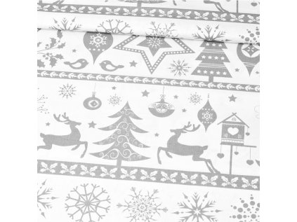 Vánoční bavlněná látka, metráž, šíře 160 cm, Skandinávský motiv Šedý na Bílém