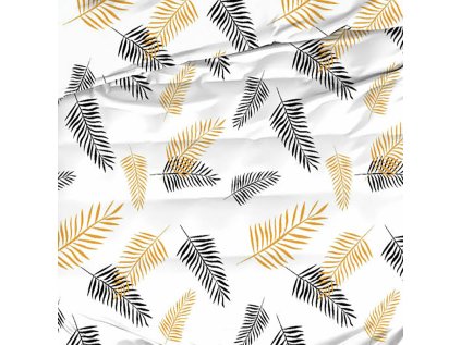 Bavlněná látka Listy Černé a Žluté na Bílém