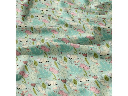 Bavlněné látky, metráž. Ovečky na Mentolovém