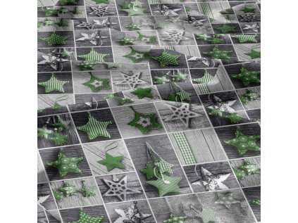 Vánoční bavlněná látka, metráž, šíře 160 cm, Vánoční ozdoby hvězdy Zelené na Šedém