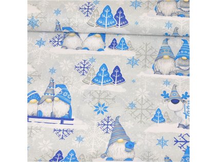 Vánoční bavlněná látka, metráž, šíře 160 cm, Skřítci Modré na Šedém