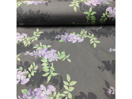 Bavlněná látka Větve šeříku Bílé na Grafitovém