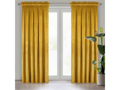 Dekorační velurový závěs s řasící páskou HORČICE 140x270 cm