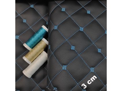 Ekokůže MIX 3x3 cm barva Černá prošívaná Tyrkysovými nitěmi, metráž, 145 cm