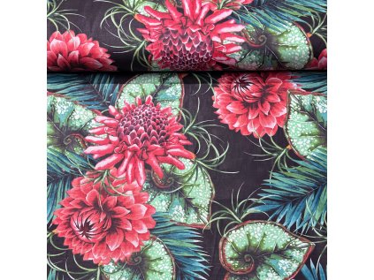 Bavlněná látka Chryzantémy na Černém