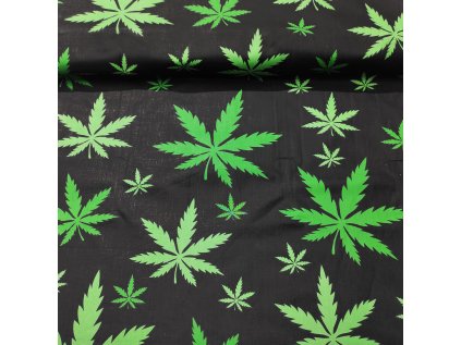 Bavlněná látka Listy Zelené na Černém