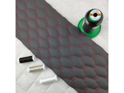 Ekokůže GEO barva Grafitová prošívaná Červenými nitěmi, koženka metráž,