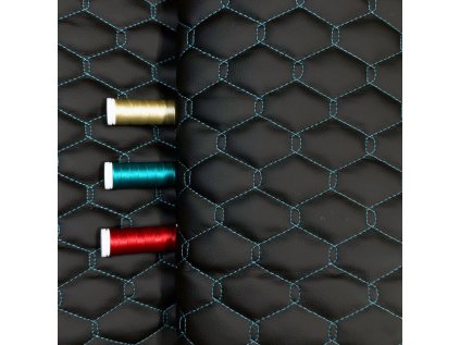 Ekokůže GEO barva Černá prošívaná Tyrkysovými nitěmi, metráž, 145 cm