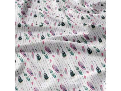 Dekorační bavlněná látka, metráž, Pírka Zelená a Růžová
