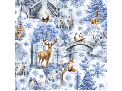 Vánoční bavlněná látka, metráž, šíře 160 cm, vzor Příroda Modrá na Bílém