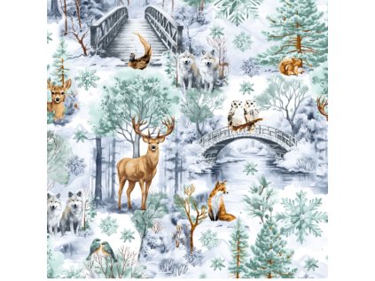 Vánoční bavlněná látka, metráž, šíře 160 cm, vzor Příroda Zelená na Bílém