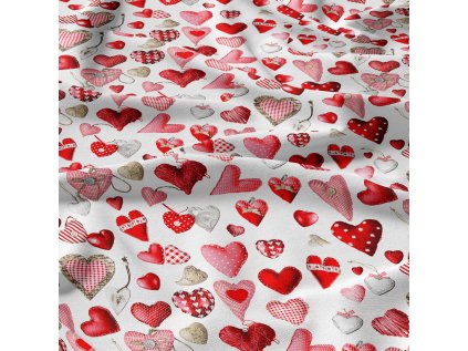 Dekorační bavlněná látka, metráž, Srdíčka Červená na Bílém