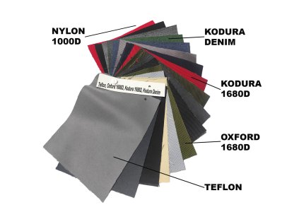 Vzorník voděodolných látek Teflon, Nylon 1000D, Oxford 1680d, Kodura 1680D, Kodura Denim