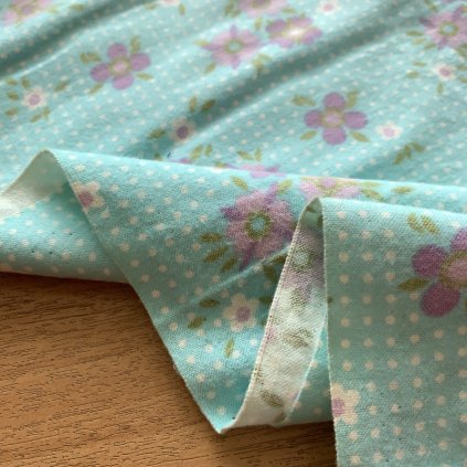 Vzorek - Retro bavlněný flanel fialky na světle tyrkysově