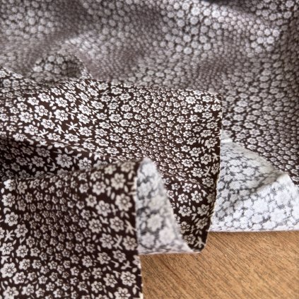 Retro bavlněné lehké plátno hnědé , bílé drobné kvítky