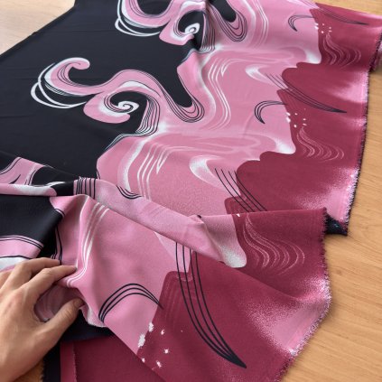 Retro šifon, růžové vlny na černé, syntetika