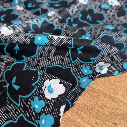 Bavlněné retro plátno,temné květy, černá modrá
