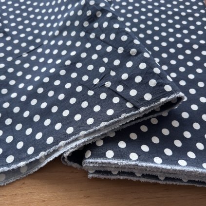 Vzorek - Pružné lehký kepr bílé puntíky na tmavě modré bavlna/PES/elastan