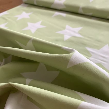 Bavlněné plátno bílé maxi hvězdy na světle zelené