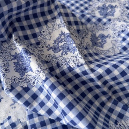 Plátno retro kostka / květy, bavlna