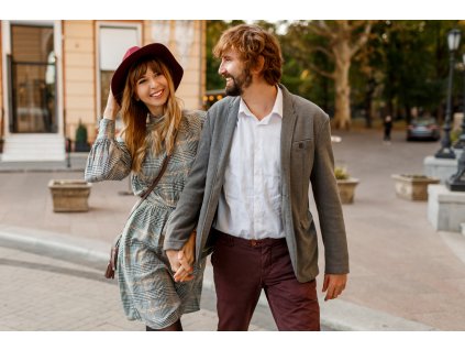 attractive fashion couple posing old street sunny spring pretty beautiful woman her handsome stylish boyfriend hugging outdoor