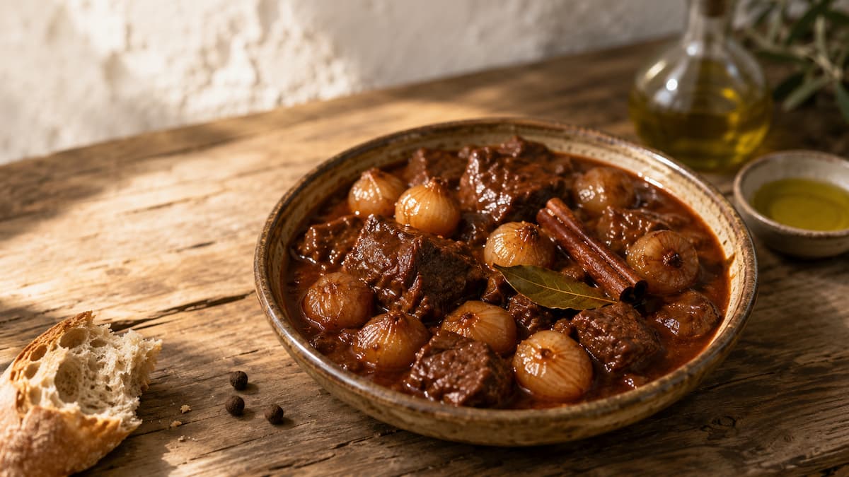 Stifado: řecký recept na dušené hovězí s cibulkami