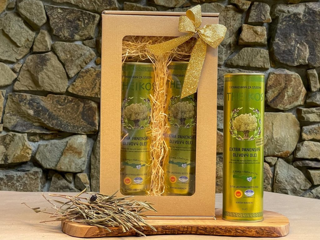 2x1L Extra panensky olivovy olej Theikos v darkovem baleni Zlata stuha na sirku