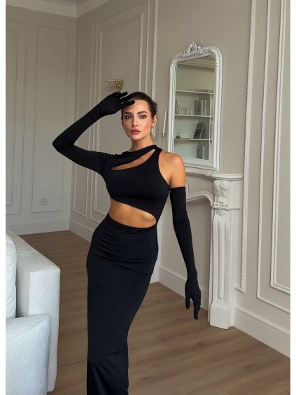 Uplé černé šaty s rukavičkami