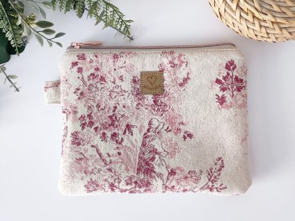 közepes 21x16 méretű természetes vászon kozmetikai táska bordó mintával