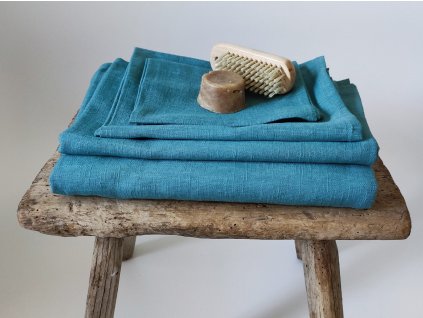 türkizkék lenvászon törölköző garnitúra 4db