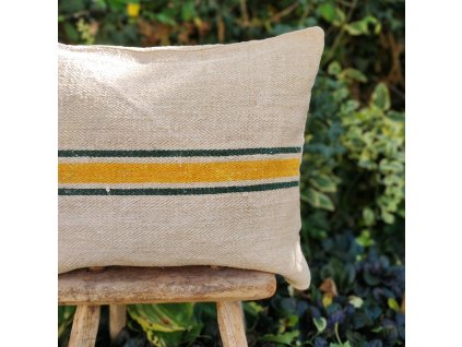 Sárga csíkos  vidéki hangulatú vászon párna - természetes dekor