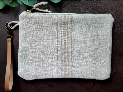 Karamell barna csíkozású régi vászonból készült neszesszer