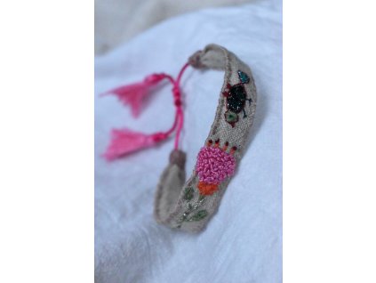 Romantica - náramek s květinou a ptáčkem (len)