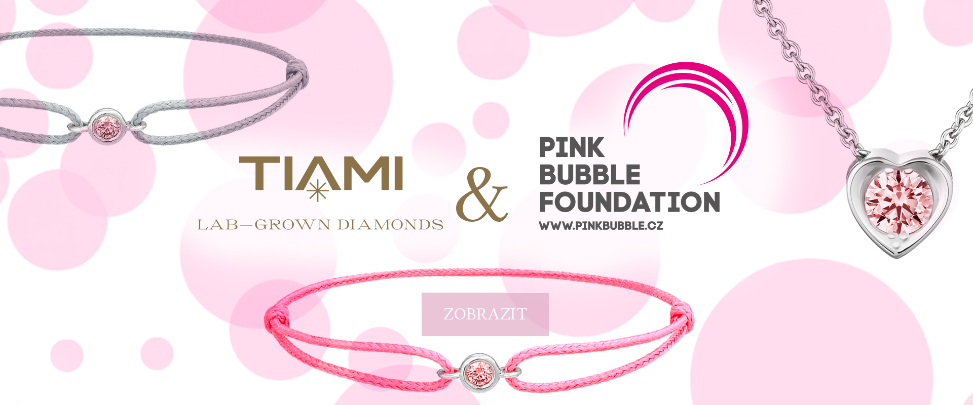 Logo Nadace Pink Bubble a Tiami doplněné šperky s růžovými diamanty