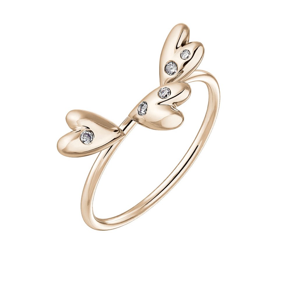 Prsten z růžového zlata s diamanty Cute Heart Triple