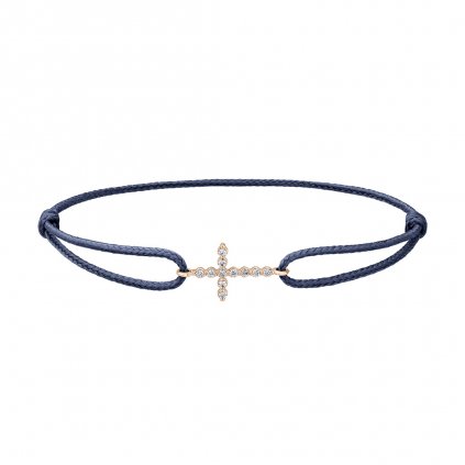 Provázkový náramek Little Cross z růžového zlata a lab-grown diamanty, tmavě modrý