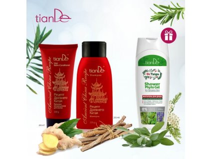AKCE Šampon Recept starověké Číny + Vlasový balzám - kondicionér Recept starověké Číny + DÁREK Bylinný sprchový gel pro citlivou pokožku Dr. Taiga Body: 13,0