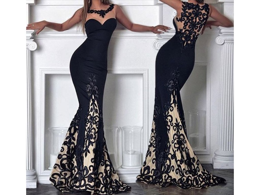 Dámske luxusné dlhé čierné plesové spoločenské šaty