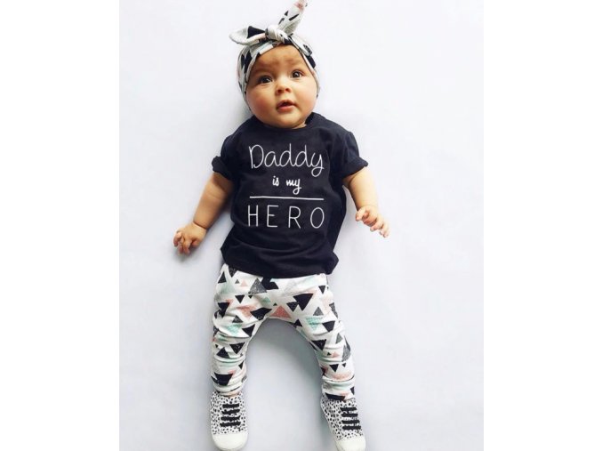 Detské oblečenia- detský set tričko s krátkym rukávom, legíny a čelenka Daddy is my hero (Velikost 12m)