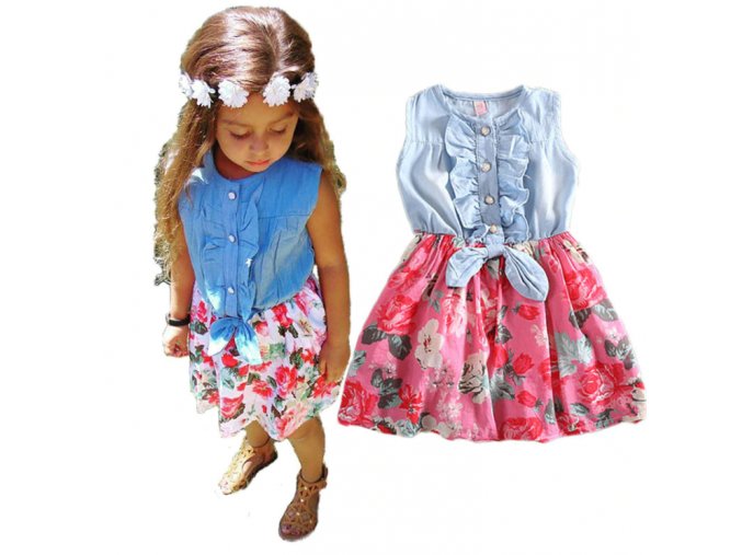 Detské oblečenia- divčenské letné denim šaty s mašľou a kvety- dve farby (Farba 1, Velikost 6 rokov)