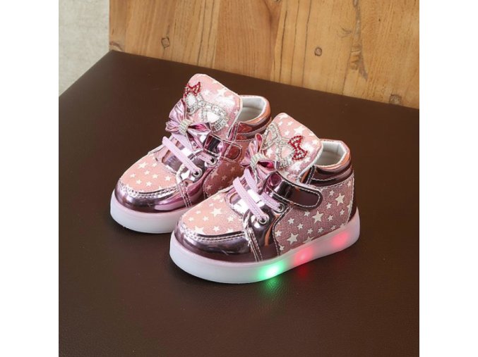 Detské topánky - LED svietiace topánky ružové s hviezdami a mašľami (Veľkosť 21)