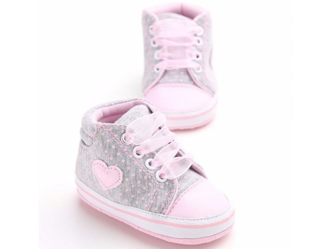 Dětské boty- dívčí capáčky pro nejmenší šedé, růžové se srdíčkem- VÝPRODEJ SKLADU (Barva Šedá, Vel S)