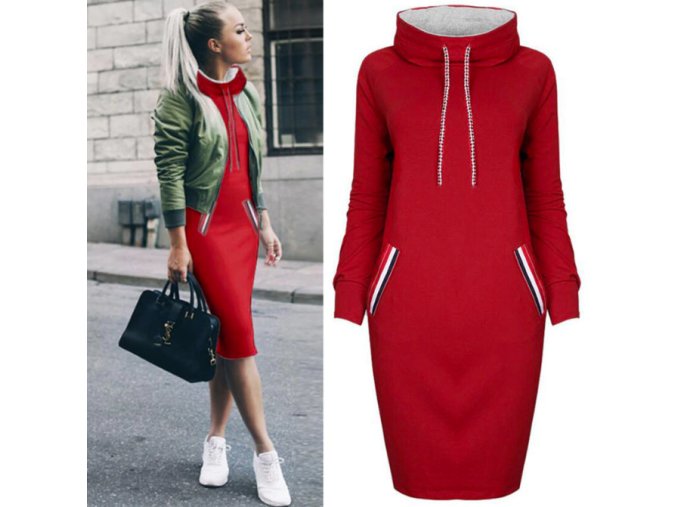 Jesenné mikinové šaty s kapucňou až 3XL Červená (Velikost 3XL)