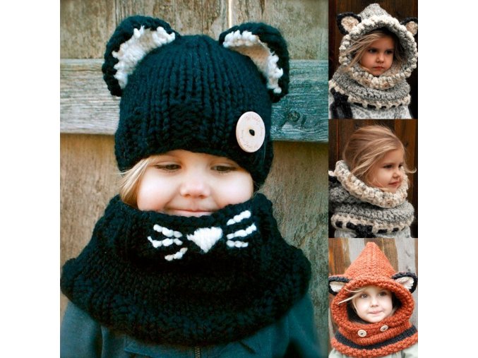 Pre deti detské oblečenie zimné čiapky detské zimné čiapky - čiapky so šálom so zvieracím motívom (Farba Čierna)