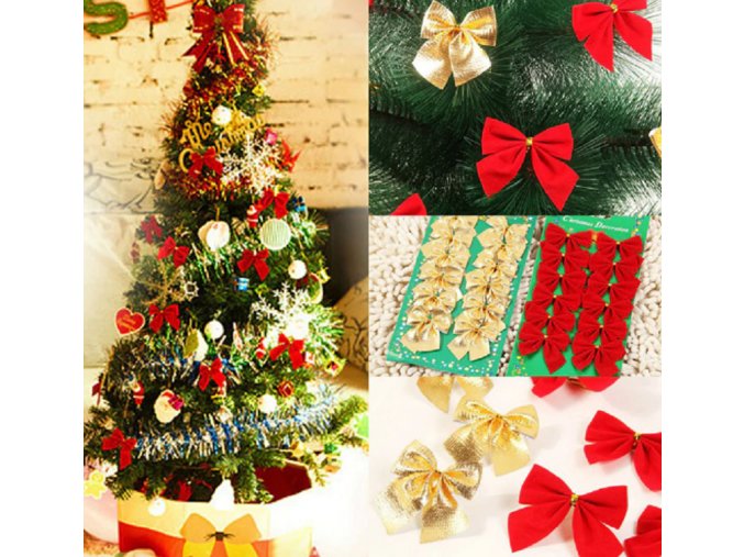 Vánoční dekorace- 12ks mašlí na dárky nebo vánoční stromeček (Barva Zlatá)