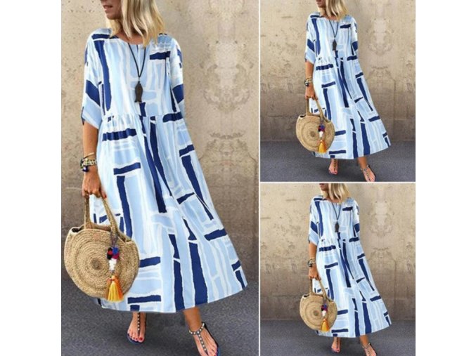 Dámske letné pohodlné modré dlhé šaty až 2XL