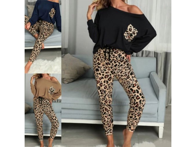 Dámske oblečenie - dámske pyžamo s leopardím vzorom dlhé nohavice + tričko - dámske pyžamo - dámske tričká - dámske tepláky