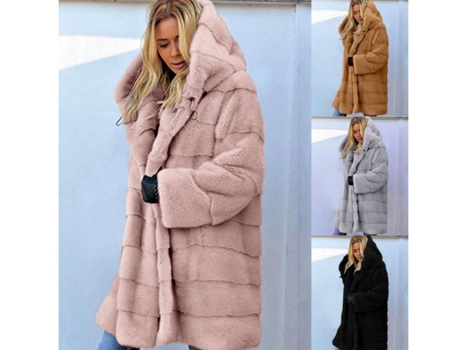 Dámske oblečenie - kabát - zimný huňatý kabát s kapucňou - nadmerné veľkosti - dámske zimné kabáty - dámske kabáty